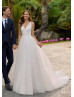 Beaded V Neck Ivory Lace Tulle Keyhole Back Dreamy Wedding Dress